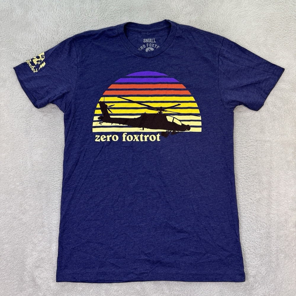 NEW Zero Foxtrot T Shirt‎ Mens Small Purple Skull Graphic Tee Apache Helicopter